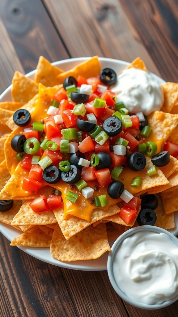 A colorful plate of oven-baked nachos with cheese, jalapeños, tomatoes, and olives, served with guacamole and sour cream.